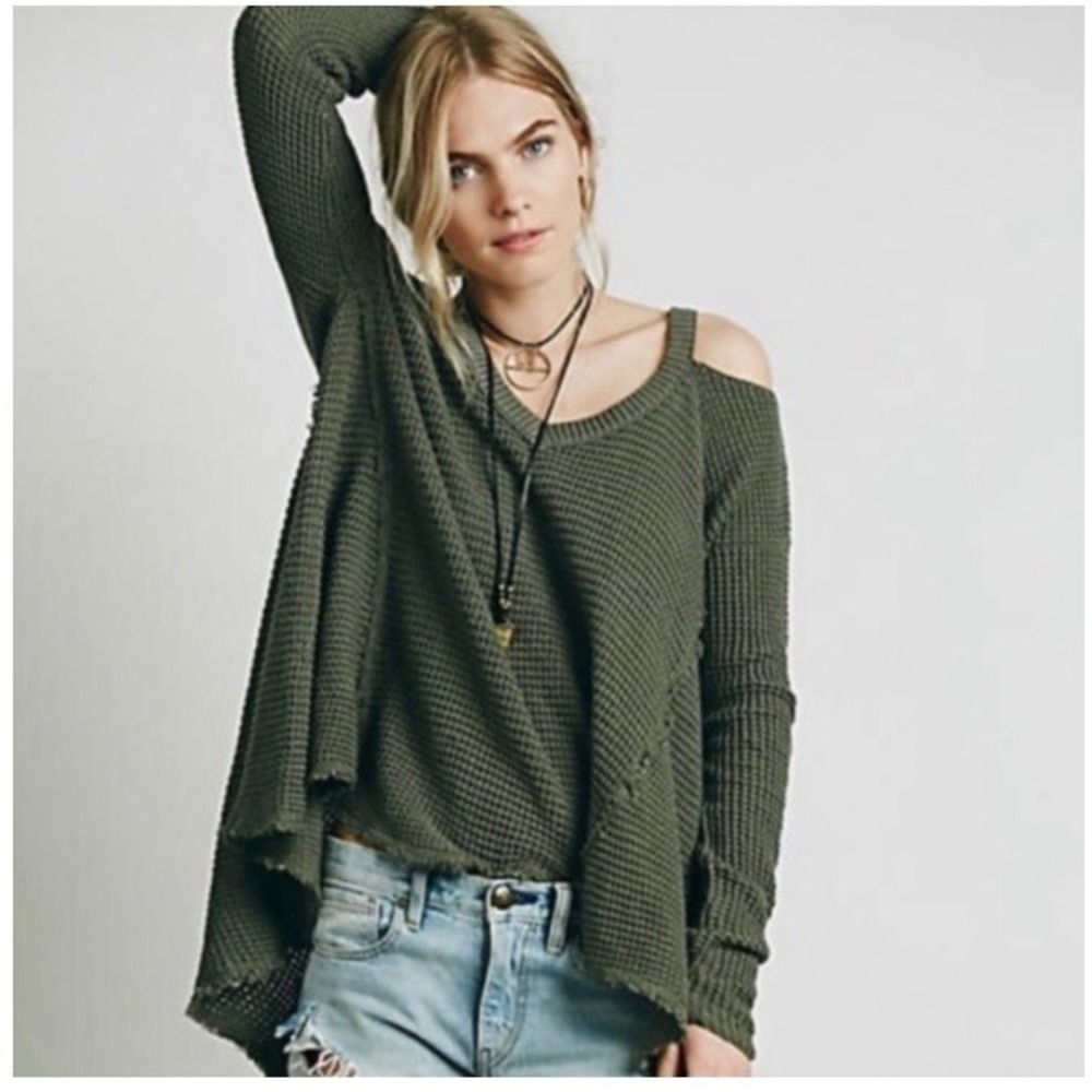 Free People Moonshine Cold Shoulder Waffle Knit Sweater Olive Green Oversized S